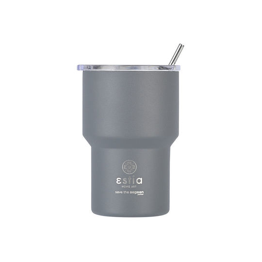 Estia Coffee Mug Lite Save The Aegean Recyclable Thermos Glass Stainless Steel BPA Free 400ml Fjord Grey with Straw