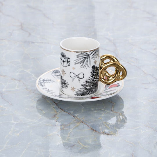 Marva Xmas Pine Set of Cups Coffee Porcelain Multicolored 90ml 2pcs