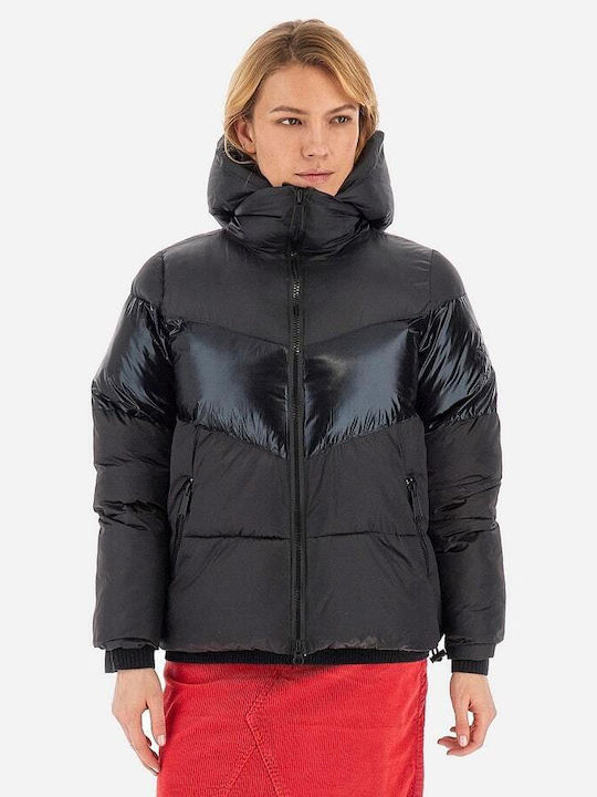 La Martina Women's Long Puffer Jacket for Winter with Hood Black