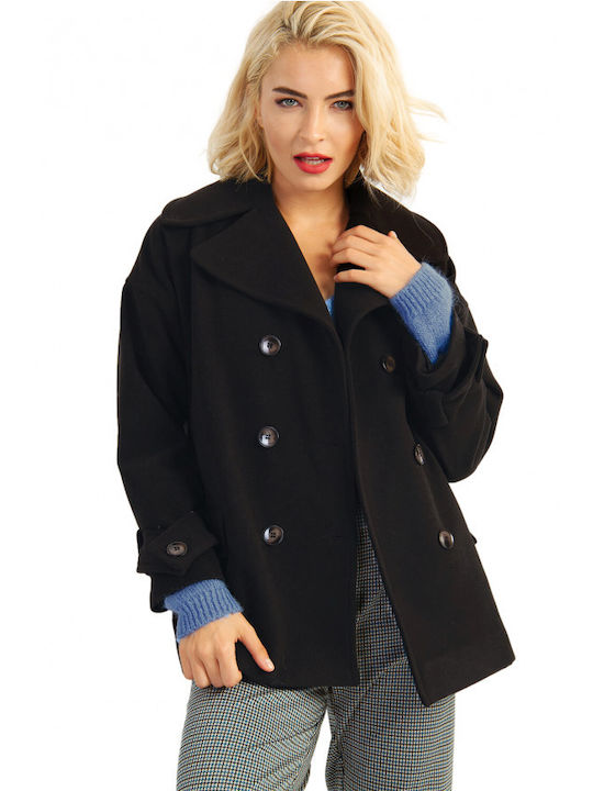 Matis Fashion Γυναικείο Μαύρο (Black) Παλτό με Κουμπιά