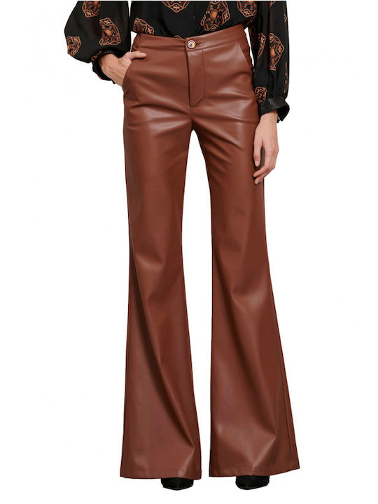 Matis Fashion Women's High-waisted Leather Trousers Flare in Regular Fit Tabac Brownc Brown