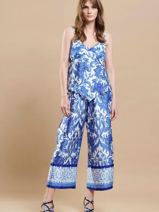 Matis Fashion Damen Satin Palazzo-Hose mit Gummizug in Normaler Passform Blumen Blau