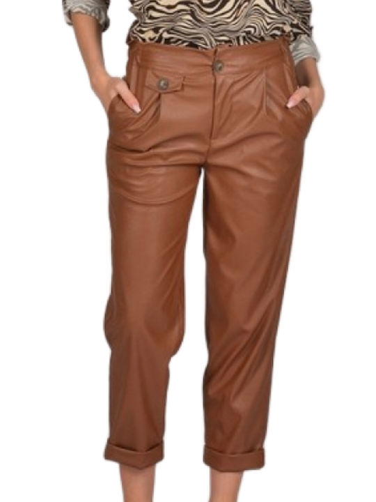 Damen Stoff Hose mit Gummizug Tabac Brown