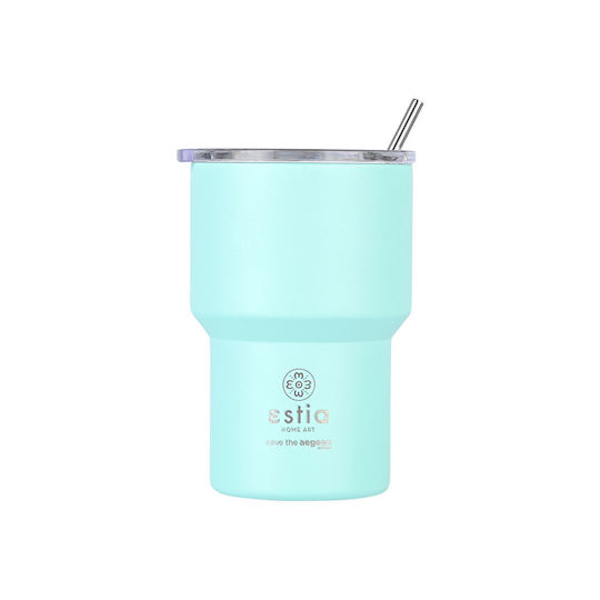 Estia Coffee Mug Lite Save The Aegean Recyclable Thermos Stainless Steel BPA Free 400ml Bermuda Green with Straw