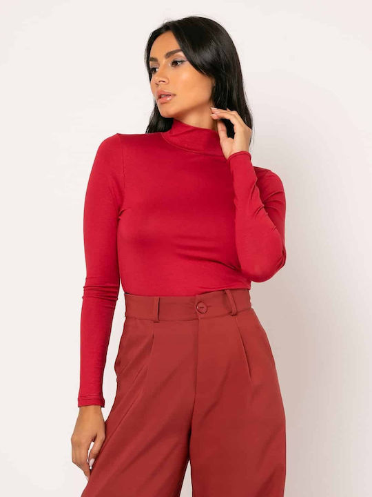 Noobass Damen Bluse Langärmelig Rollkragenpullover Cherry - #