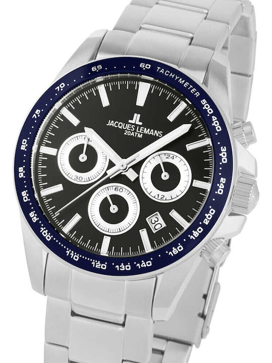 Jacques Lemans Liverpool Ανδρικό Ρολόι 40mm Χρονογράφος Μπαταρίας με Ασημί Μεταλλικό Μπρασελέ