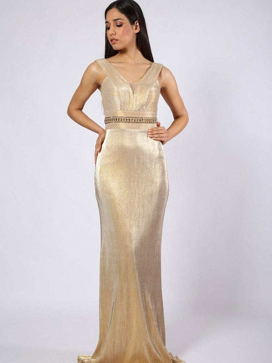 Eden Maxi Βραδινό Φόρεμα Εξώπλατο Χρυσό