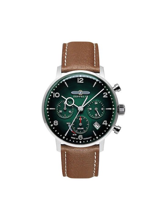 Zeppelin Hindenburg Lz129 Men's Watch 41mm Chronograph Solar with Silver Leather Strap