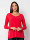 Women's Athletic Blouse Long Sleeve with V Neckline Red