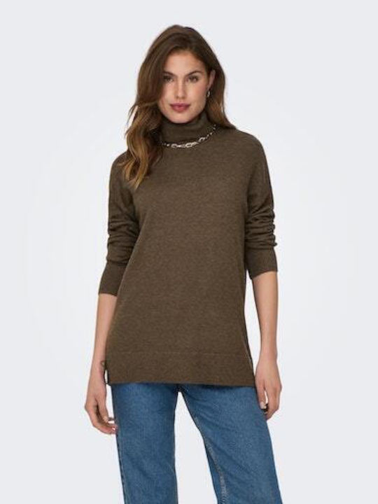 Only Women's Long Sleeve Pullover Turtleneck Brown