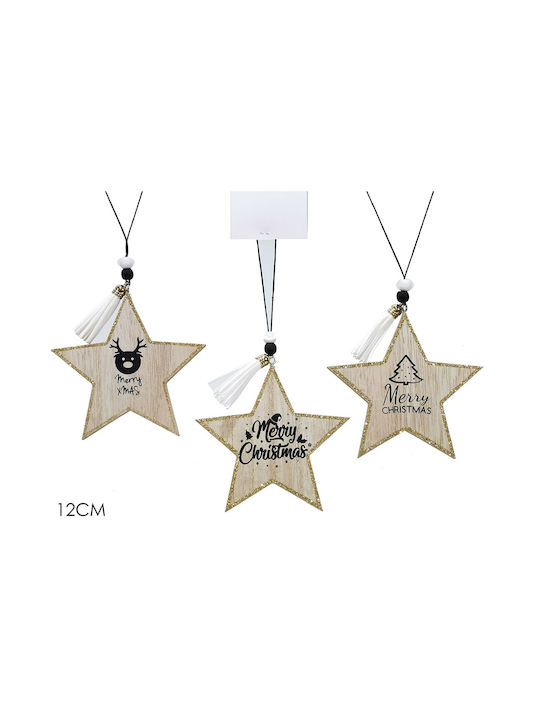 ArteLibre Christmas Hanging Star Wooden With Gold Dust With Beads