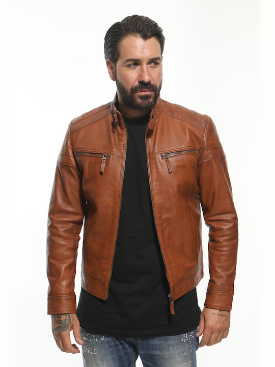 Newton Leather Men's Winter Leather Biker Jacket Brown