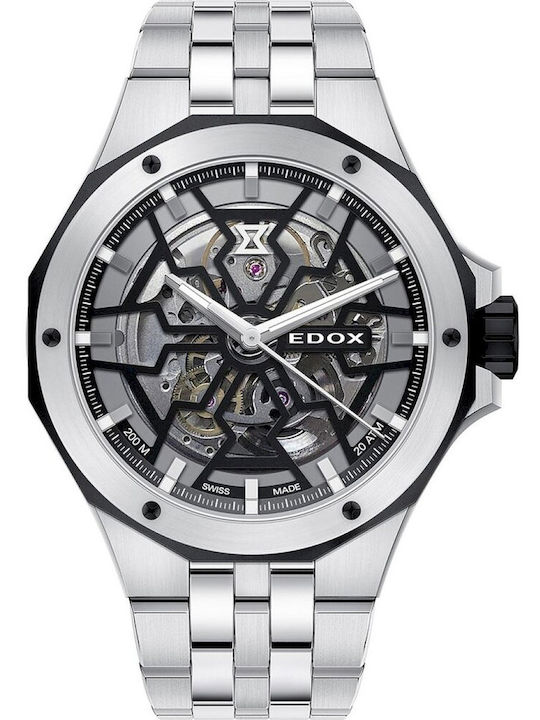 Edox Delfin Mecano Ανδρικό Ρολόι 43mm Αυτόματο με Ασημί Μεταλλικό Μπρασελέ