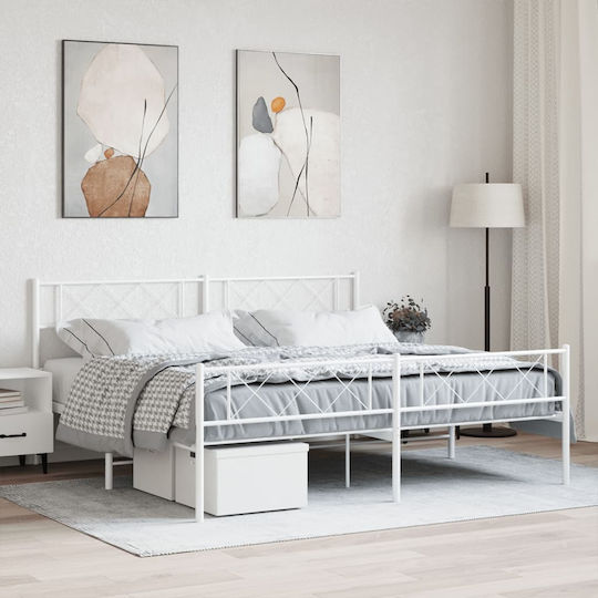 Метално Легло King Size Бяло с Дъски за Матрак 183x213см