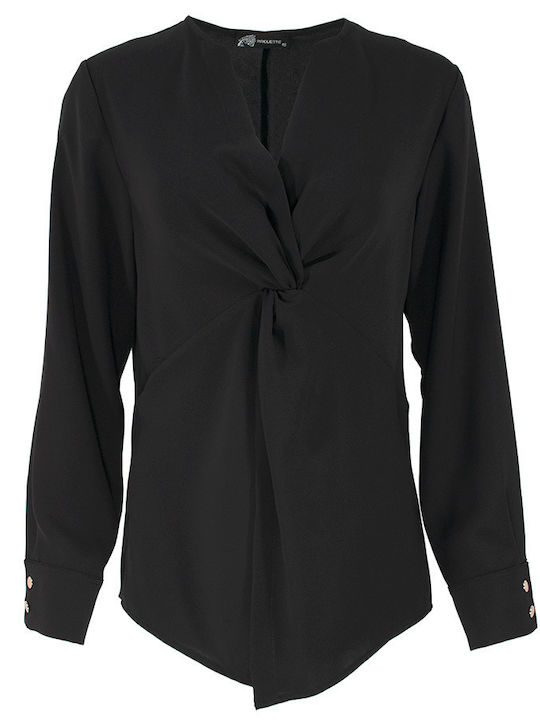 Pirouette Women's Blouse Long Sleeve with V Neckline Black