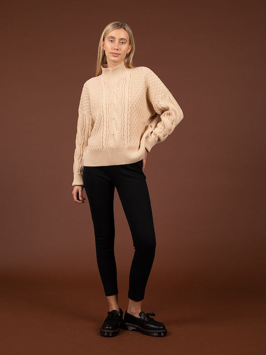 Wemoto Women's Long Sleeve Sweater Cotton Turtleneck Beige