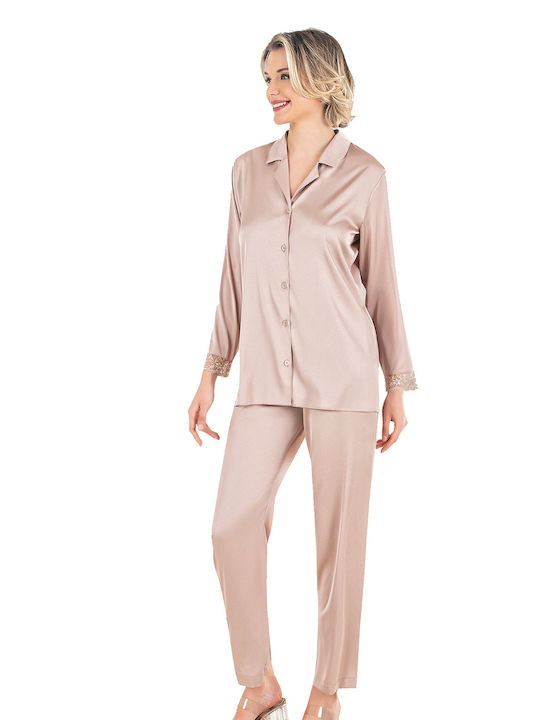 Vienetta Secret Winter Satin Women's Pyjama Pants Beige Vienetta