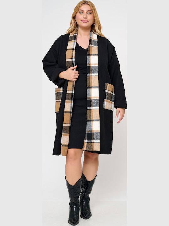 Damenkariertes Mantel Camel mit Knöpfen
