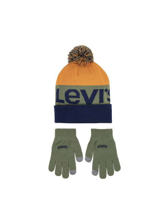 Levi's Σετ Παιδικό Σκουφάκι με Γάντια Πλεκτό Πράσινο