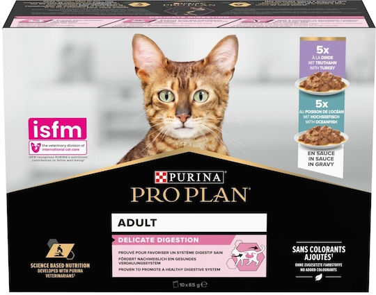 Pro Plan Delicate Υγρή Τροφή για Ενήλικες Γάτες σε Φακελάκι με Γαλοπούλα και Ψάρια χωρίς Γλουτένη 10x85gr