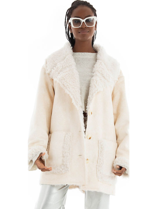 Μακρύ Γυναικείο Puffer Μπουφάν για Χειμώνα Cream