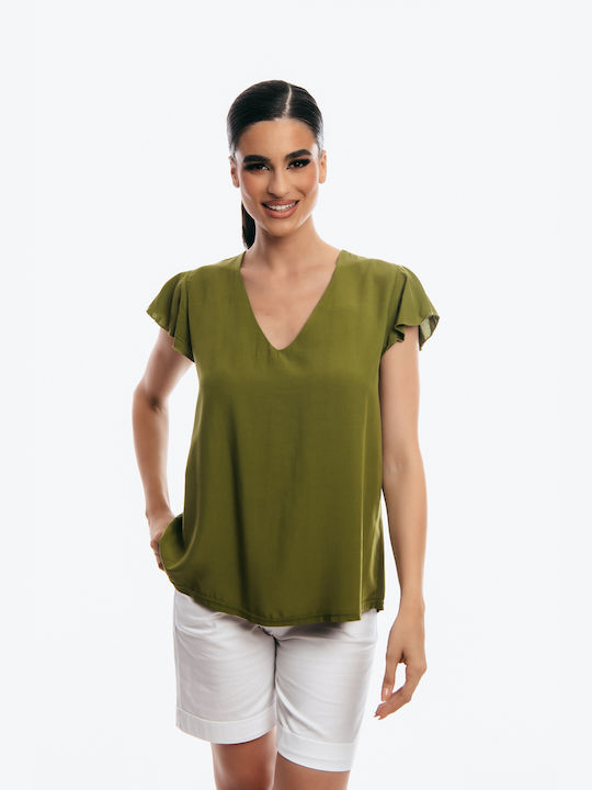 Secret Fashion Damen Bluse Kurzärmelig mit V-Ausschnitt Khaki