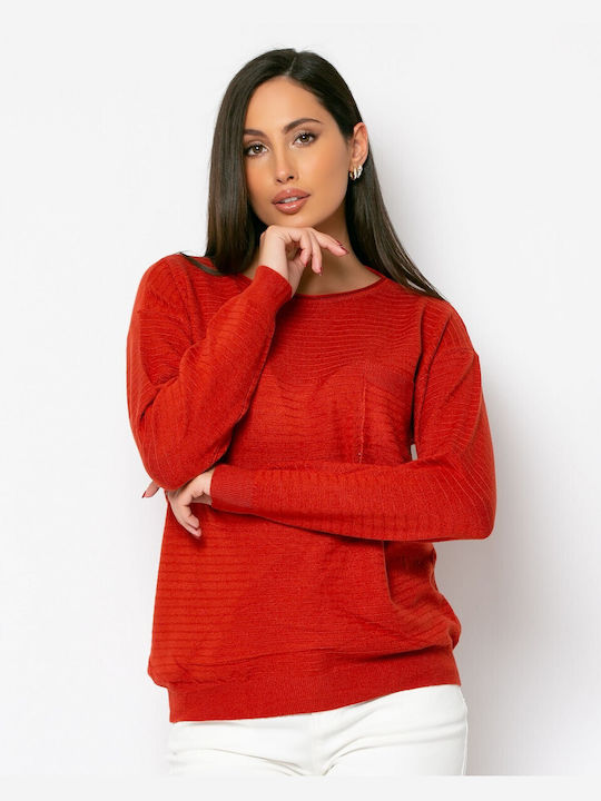 Noobass Women's Long Sleeve Sweater with V Neckline Striped Red