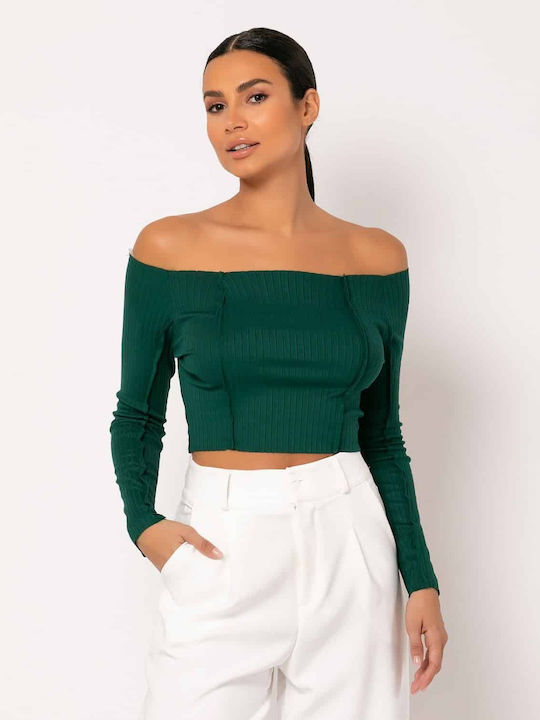 Noobass Damen Crop Top Langarm Grün