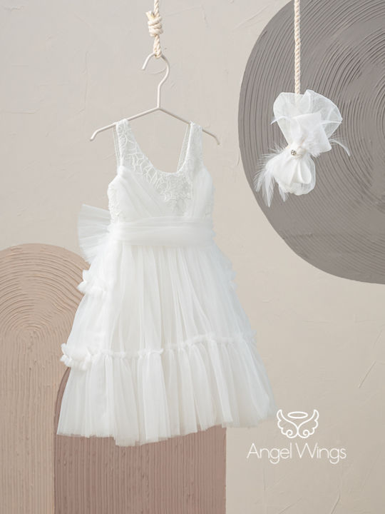 Angel Wings White Baptism Clothes Set with Hair Accessories and Lace Dress 2 Pieces
