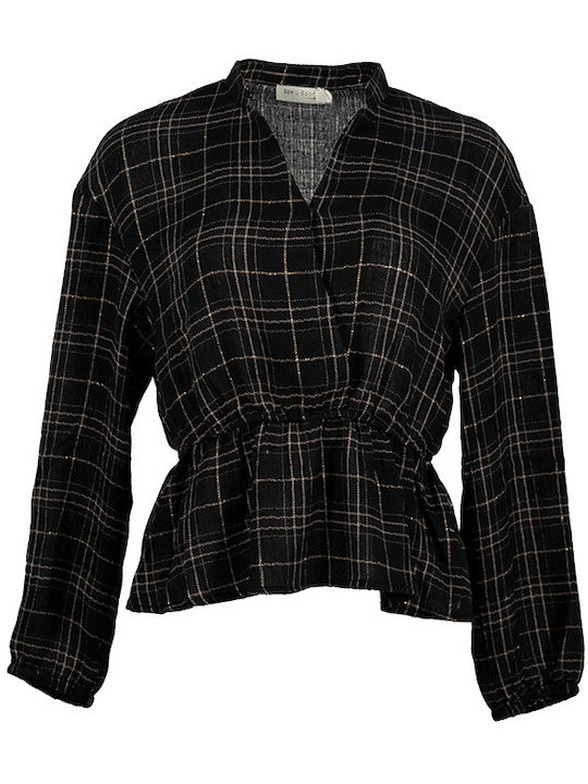 See U Soon Checkered V-neck Blouse Women's Blouse Long Sleeve with V Neckline Black