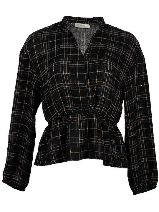 See U Soon Checkered V-neck Blouse pentru Femei Bluză Mânecă lungă cu Decolteu în V Neagră