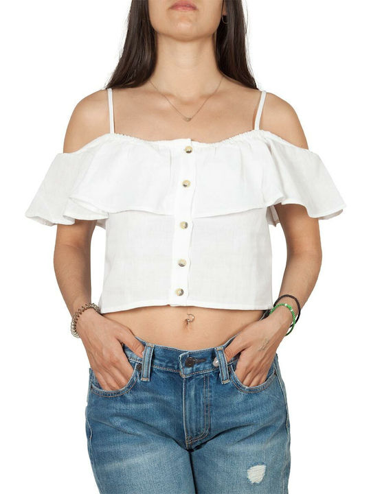 Rut & Circle Rut Damen Sommer Crop Top Schulterfrei Baumwolle Kurzarm Weiß