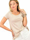 First Woman Damen Bluse Baumwolle Kurzärmelig Beige