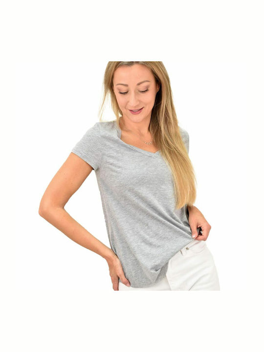 First Woman Damen Bluse Baumwolle Kurzärmelig mit V-Ausschnitt Gray