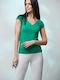 Boutique Women's Summer Blouse Short Sleeve with V Neckline Green