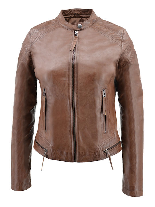 Δερμάτινο Γυναικείο Biker Jacket COGNAC
