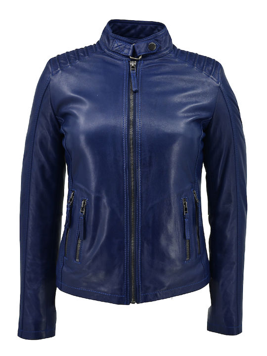Dermatina 100 Women's Short Biker Leather Jacket for Winter Navy