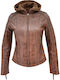 Δερμάτινα 100 Women's Short Biker Leather Jacket for Winter with Hood COGNAC