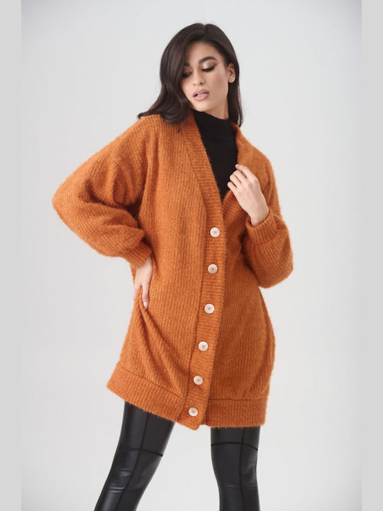 Privee Long Women's Knitted Cardigan with Buttons Orange