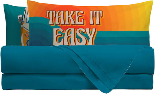 Amo La Casa Digital Print Σετ Σεντόνια King Size με Λάστιχο 240x290εκ. Τιρκουάζ (4τμχ)