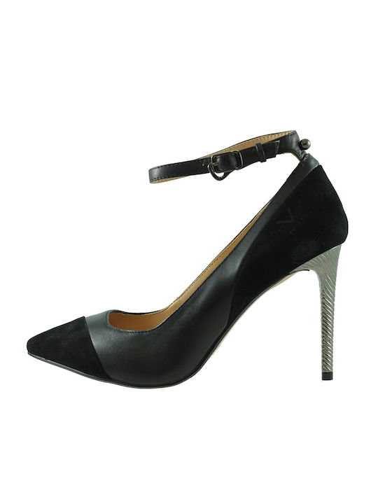 19V69 Leather Pointed Toe Black Heels with Strap