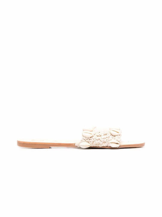 Manebi Shells & Crochet; Yucatán Leather Women's Flat Sandals in Beige Color