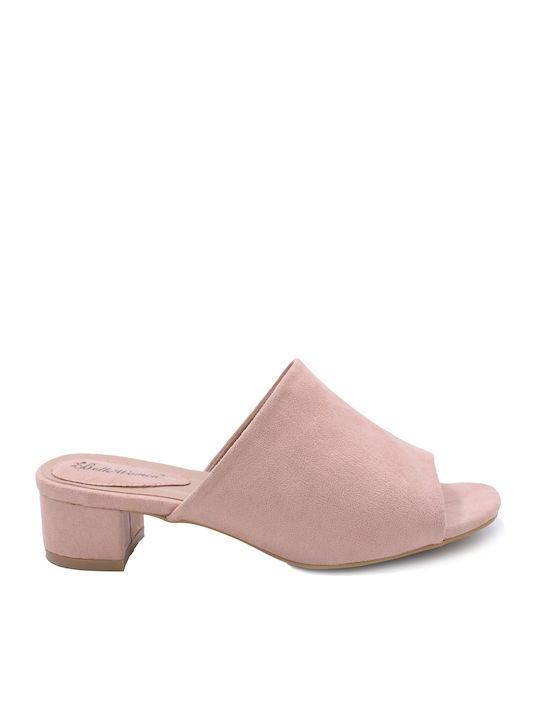 Leder Mules mit Chunky Niedrig Absatz in Rosa Farbe