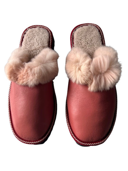 Leatherland Winter Women's Slippers with fur in Pink color