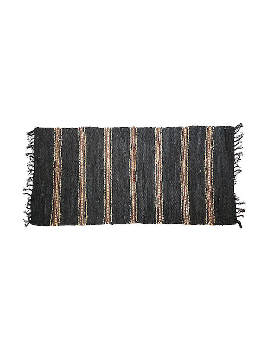 Rectangular Rug Leather for Fireplace with Fringes Black