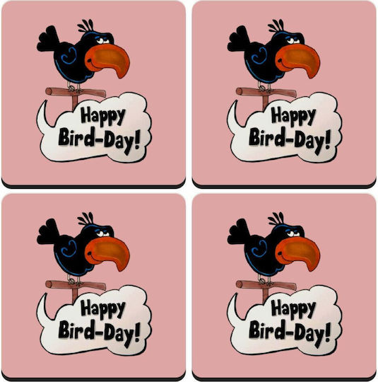 Koupakoupa Wooden Pink Coasters Happy Bird Day 4pcs