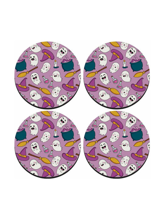 Round Wooden Pink Coasters Happy Halloween 4pcs