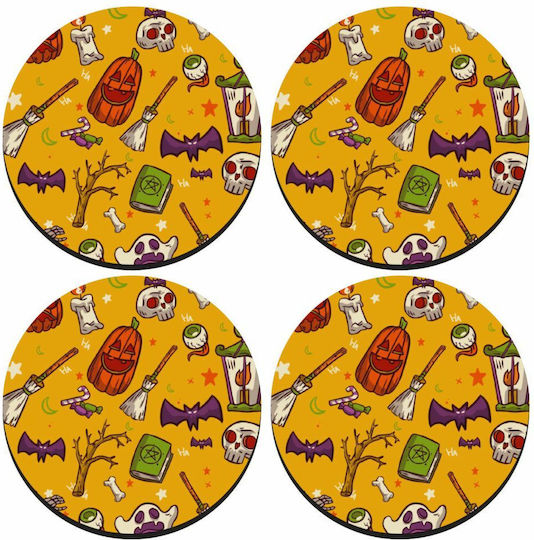 Koupakoupa Round Wooden Yellow Coasters Happy Halloween 4pcs