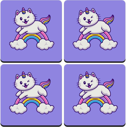Koupakoupa Cute Cat Unicorn Σουβέρ Ξύλινο Μωβ 4τμχ
