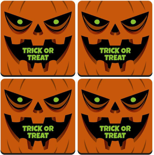 Koupakoupa Halloween Trick Treat Pumpkins Σουβέρ Ξύλινο Πορτοκαλί 4τμχ